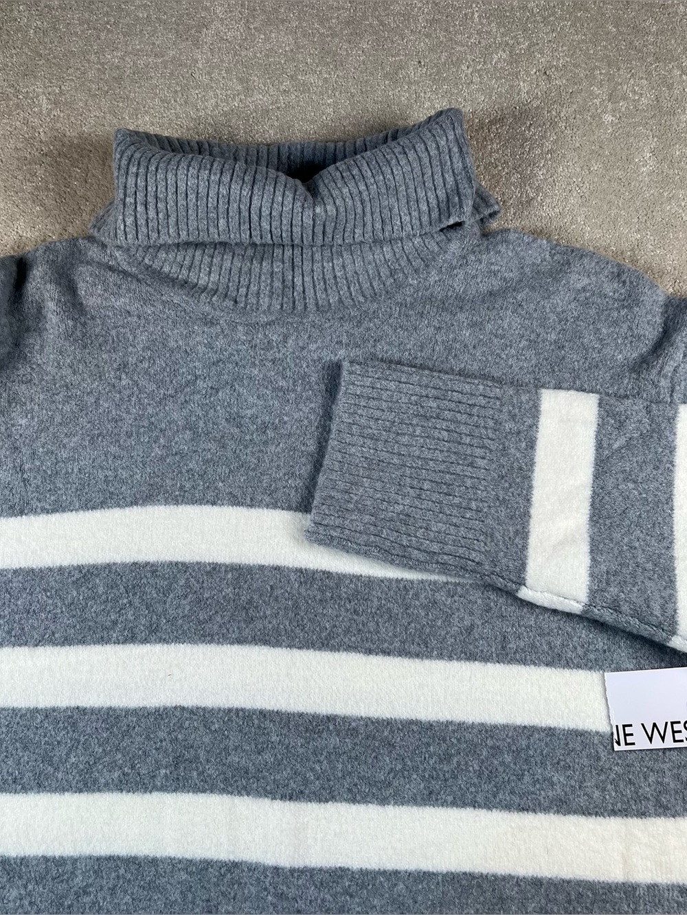 Nine West Sweater Turtleneck Stripes Gray Cream NWT Soft Cozy Casual Women Large